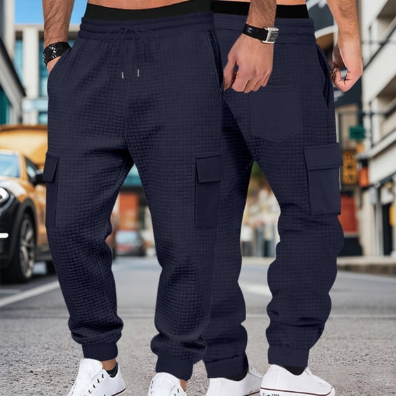Mens Sweatpants Waffle Knit Pants Elastic Waist Drawstring Jogger Sweatpants with Pockets Navy 3XL
