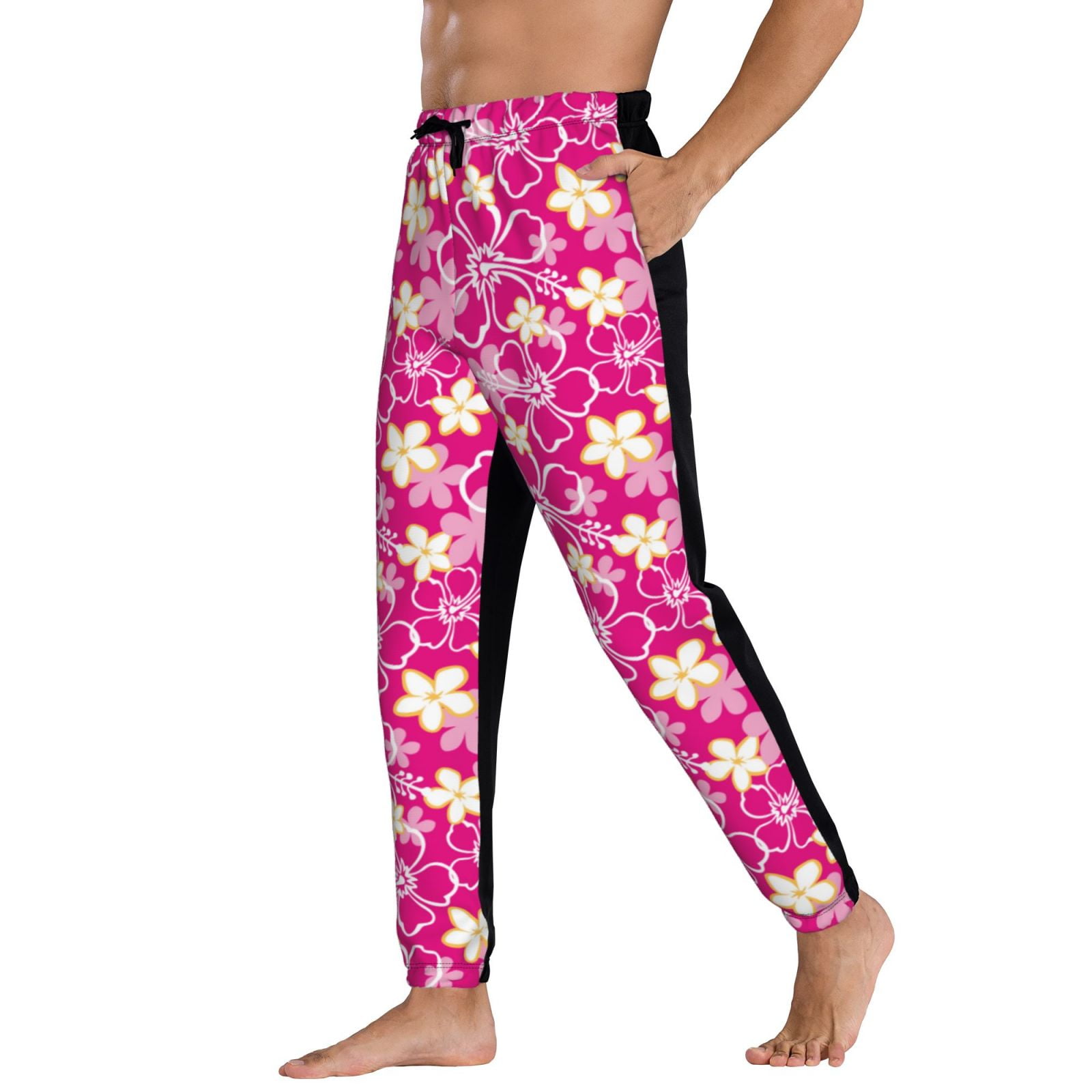 Mens Sweatpants With Pockets and Drawstring, Hawaiian Style Pink Flower