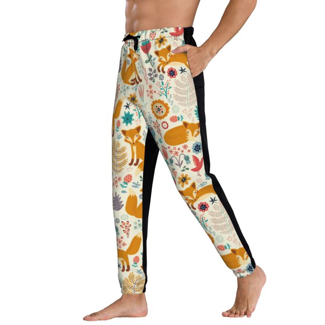 Mens Sweatpants With Pockets and Drawstring, Whimsical Fox Floral