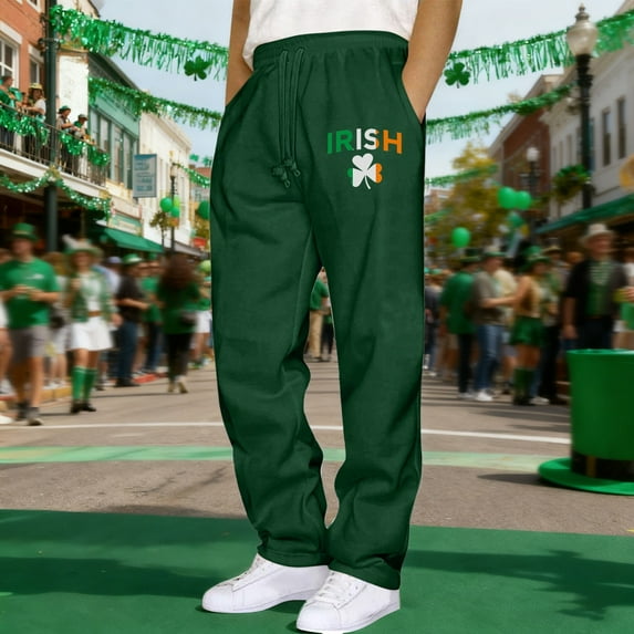 Mens Sweatpants with Pockets Men St. Patrick's Day Print Fashion Drawstring Elastic Waist Solid Color Casual Sweat Length Pants Green M