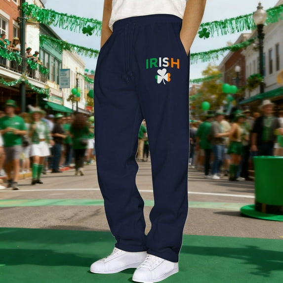 Mens Sweatpants with Pockets Men St. Patrick's Day Print Fashion Drawstring Elastic Waist Solid Color Casual Sweat Length Pants Navy XXXXL