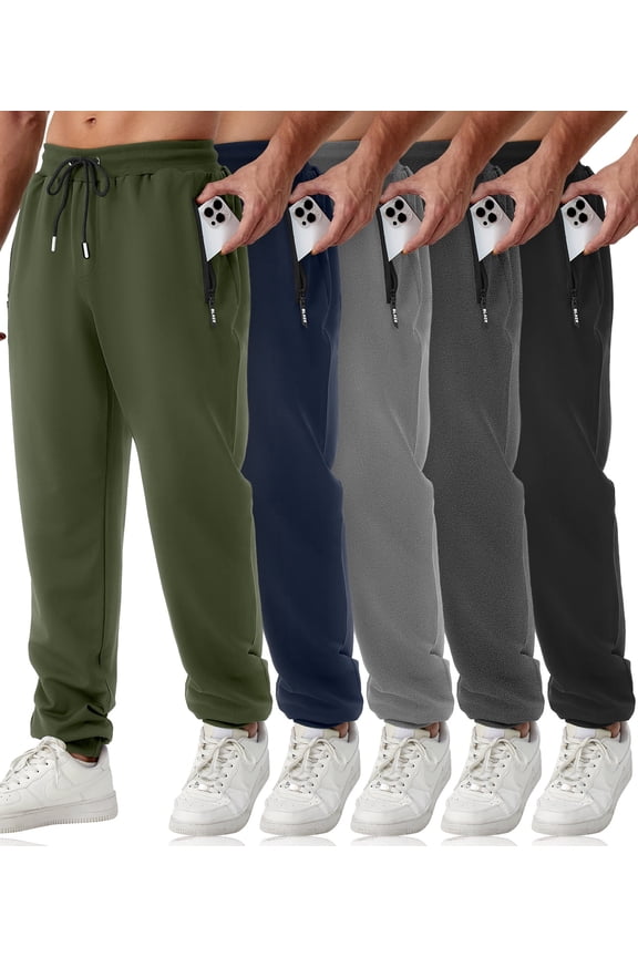 Mens Sweatpants with Zipper Pockets 5 Pack Athletic Joggers for Men Warm Slim Fit Track Workout Running Sweat Pants