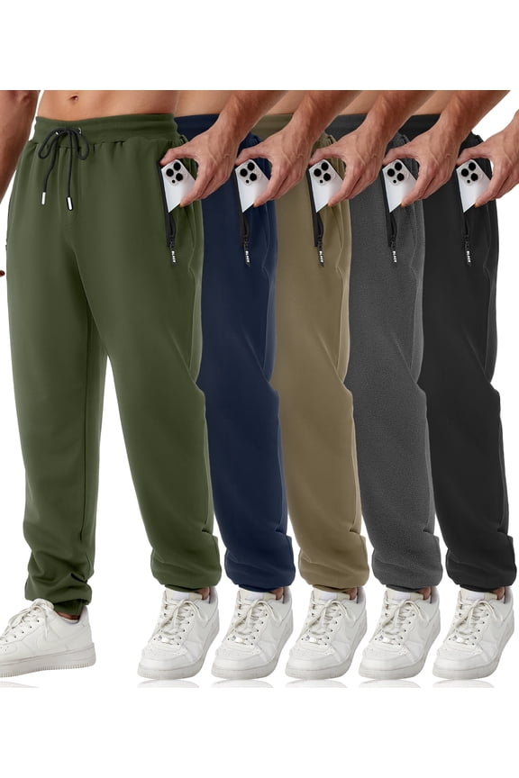 Mens Sweatpants with Zipper Pockets 5 Pack Athletic Joggers for Men Warm Slim Fit Track Workout Running Sweat Pants