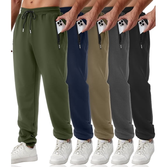 Potopok Mens Sweatpants with Zipper Pockets 5 Pack Athletic Joggers for Men Warm Slim Fit Track Workout Running Sweat Pants