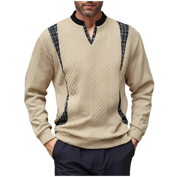 Mens Sweatshirt 2025 Mens V Neck Sweatshirts Jacquard Long Sleeves Color Block Grid Decoration Wove Texture Comfy Loose Pullover Tops