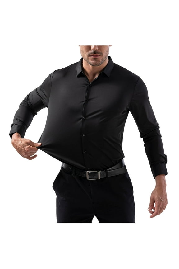 Mens Sweatshirt 2025 Muscle Fit Long Sleeve Dress Shirt for Men Lapel Elastic Blouse Shirts Wrinkle Free Button Down Solid Business Tops
