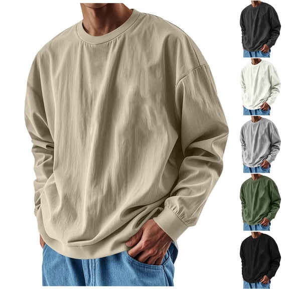 Mens Sweatshirt Basic Solid Color Long Sleeves Pullover Round Neck Hoodless Sweatshirt Tops For Men