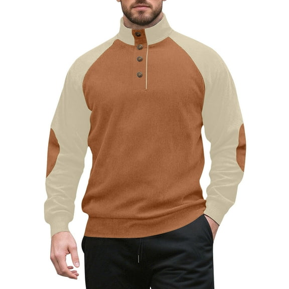 Mens Sweatshirt Casual Corduroy Long Sleeve Mock Neck 1/4 Button Up Heavyweight Pullover Fall Sweaters (3XL, Khaki)