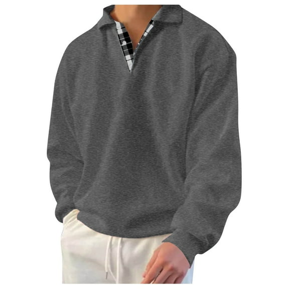 Mens Sweatshirt Casual Plaid Hoodless Long Sleeve Turn Down Collar Button Blouse Fall Clothes Tops Pullover Grey M