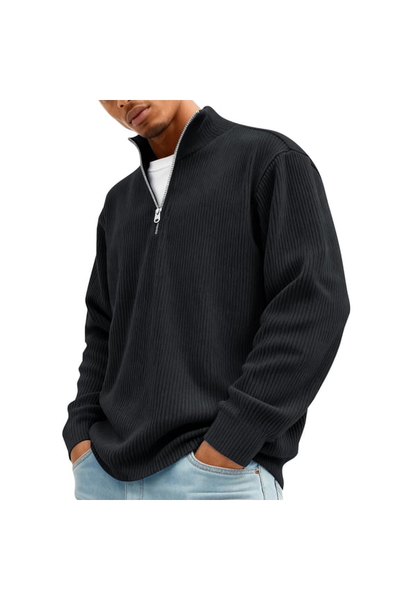 Mens Sweatshirt Casual Stand Collar Quarter Zip Pullover Fall Winter Corduroy Tops Long Sleeve Big and Tall Clothes Black 3XL