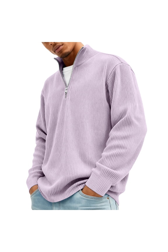 Mens Sweatshirt Casual Stand Collar Quarter Zip Pullover Fall Winter Corduroy Tops Long Sleeve Big and Tall Clothes Purple M