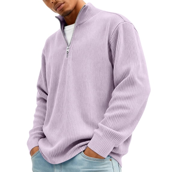 Mens Sweatshirt Casual Stand Collar Quarter Zip Pullover Fall Winter Corduroy Tops Long Sleeve Big and Tall Clothes Purple S