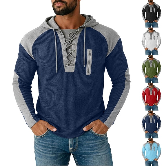 Mens Sweatshirt Drawstring Hooded Color Blocked Long Sleeve Sweatshirt