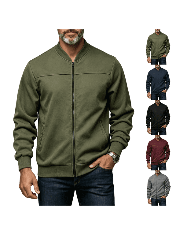 Mens Sweatshirt Full Zip Up Stand Collar No Hood Casual Jackets Long Sleeve Mock Neck Fall Warm Coats with Pockets