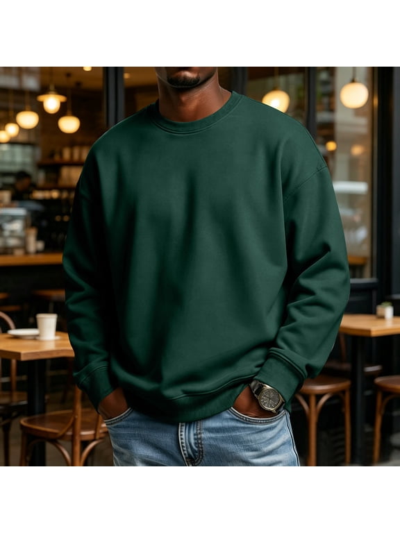 Mens Sweatshirt Long Sleeve Crew Neck Fleece Lined Sweatshirt Solid Tone Loose Fit Warm Outdoor Top L