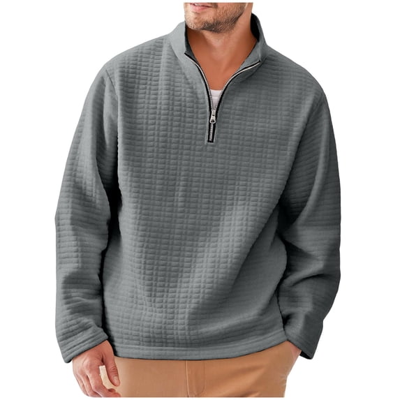 Mens Sweatshirt Solid Color Long Sleeve Stand Collar Quarter Zip Jacquard Pullover Top for A Textured Everyday Look Mens Sweatshirts