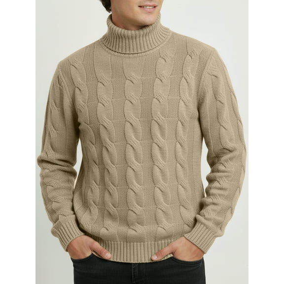 Mens Sweatshirt, Turtleneck Sweaters Slim Fit Cable Knit Long Sleeve Pullover Sweater Khaki