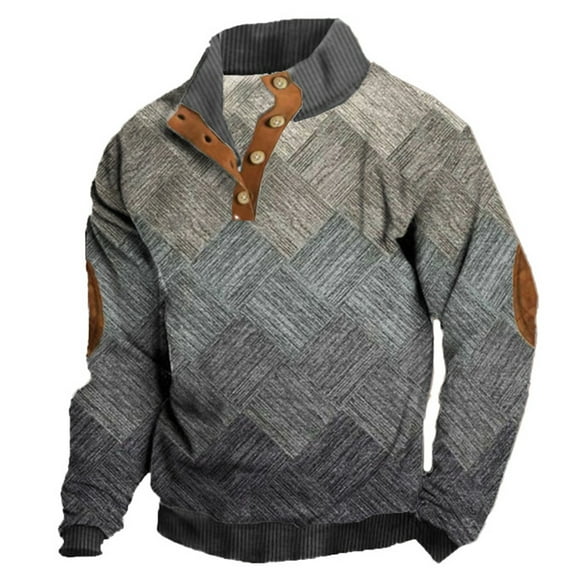 Mens Sweatshirt Twist Pattern Pullover Sweatshirts Long Sleeve Stand Collar Button Up Tops Plaid Stripes Pullover Grey S