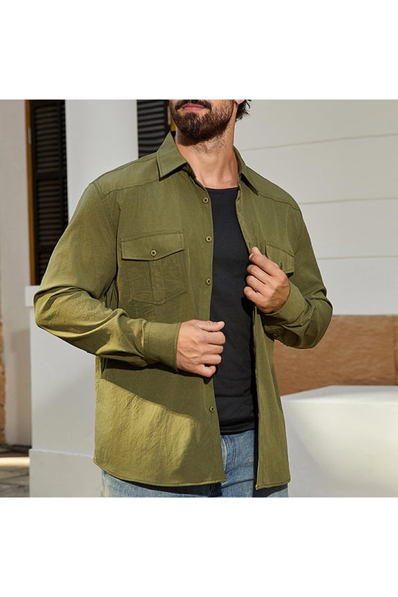 Mens Sweatshirt Under $10 Men's Causal Shirt Jacket Lightweight Long Sleeve Overshirt Classic Button down Shacket Jacket with 2 Flap Pockets