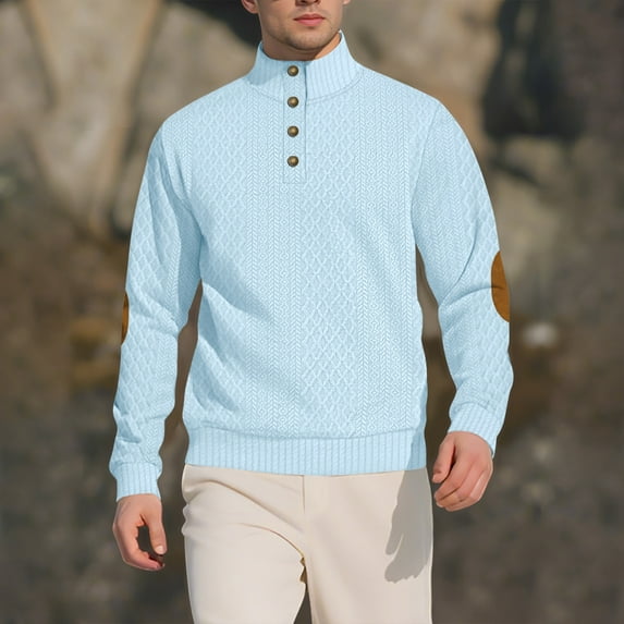 Mens Sweatshirt Under $10 Men's Colorblock Pullover Long Sleeve Stand Collar Quarter Button Cable Knitted Sweaters Quilted Casual Sweatshirt