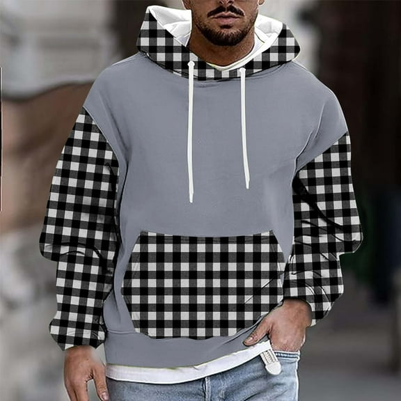 Mens Sweatshirt Under $10 Men's Fashion Hoodies & Sweatshirts Plaid Print Hooded Sweatshirt Drawstring Plush Warm Camiseta para Hombre