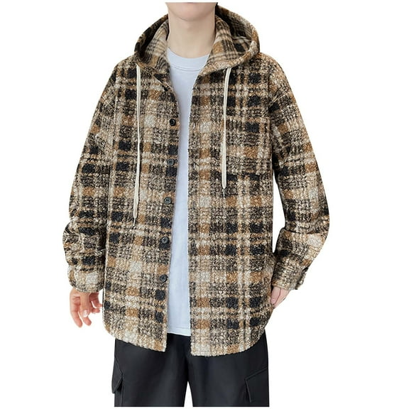 Mens Sweatshirt Under $10 Men's Flannel Shirt Heavyweight Plaid Jackets Full Zip Up Drawstring Hoodie Spring Winter Outerwear Trendy Hood Coats
