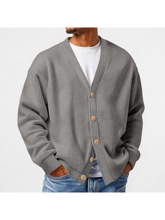 Mens Sweatshirt Waffle Knit Button Cardigan Pullover Top V Neck Long Sleeve Loose Casual Soft Cozy Jacket