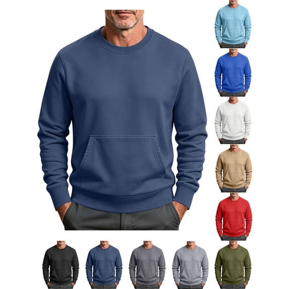 Mens Sweatshirt Zaewscy Men Long Sleeve Solid Round Neck Pocket Sport Sweatshirts Navy XL