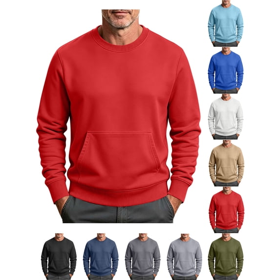 Mens Sweatshirt Zaewscy Men Long Sleeve Solid Round Neck Pocket Sport Sweatshirts Red M