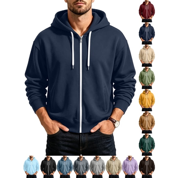 Mens Sweatshirt Zeliretfy Men's Windbreakers Casual Jacket Loose Solid Color Outdoor Long Sleeved Hooded Casual Jacket Windbreaker Front-Zip Jacket