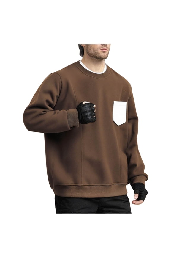 Mens Sweatshirt without Hood Long Sleeve Colorblock Chest Pocket Hooded Pullover Casual Fall Winter Tops (4XL, Brown)