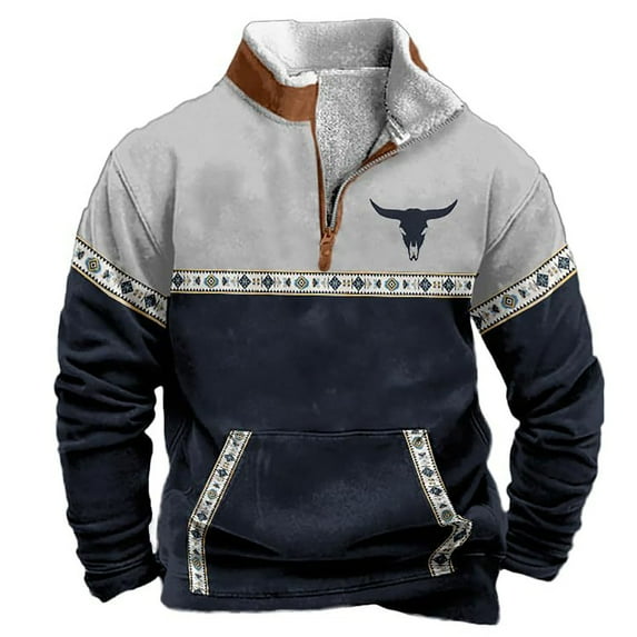 Mens Sweatshirts Aztec Cowboy Vintage Graphic Quarter Zip Up Collared Shirts with Pocket 2025 Fall Winter Western Loose Sweater