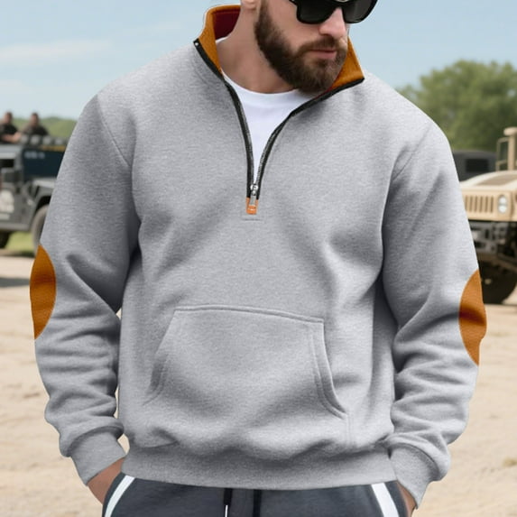 Mens Sweatshirts Business Work Fleece Lined Long Sleeve Shirts with Zipper and Pocket Casual Color Block Pullover Mock Neck No Hood Sweatshirt Tops
