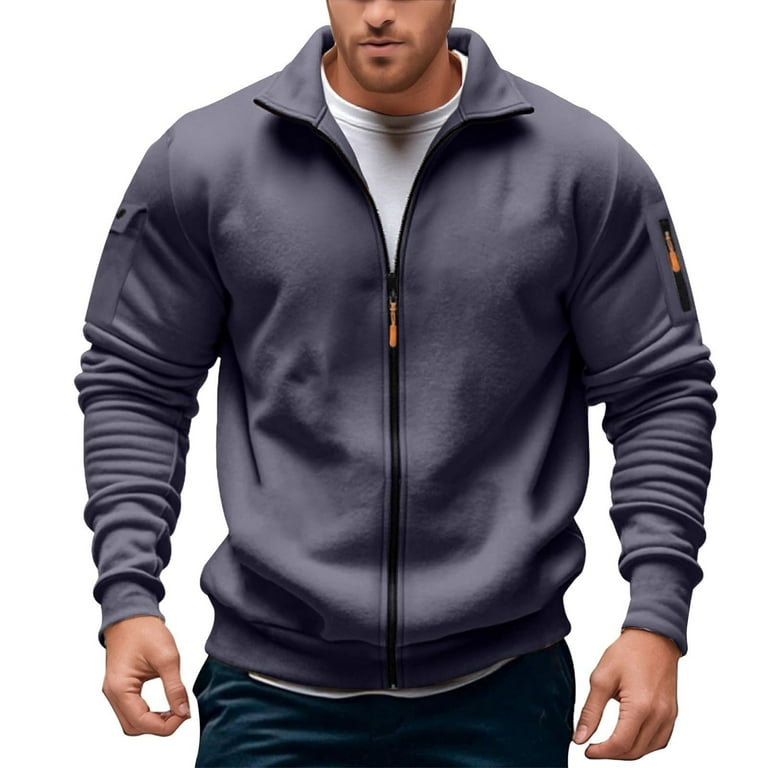 Mens Sweatshirts Casual Full Zip Up Hoodless Pullover Stylish