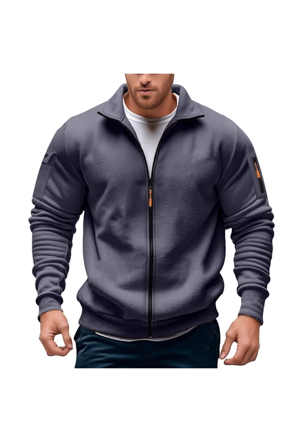 Mens Sweatshirts Casual Full Zip Up Hoodless Pullover Stylish Stand Collar Pocket Jacket Trend Comfortable Loose Mens Sweatshirt Dark Gray XL