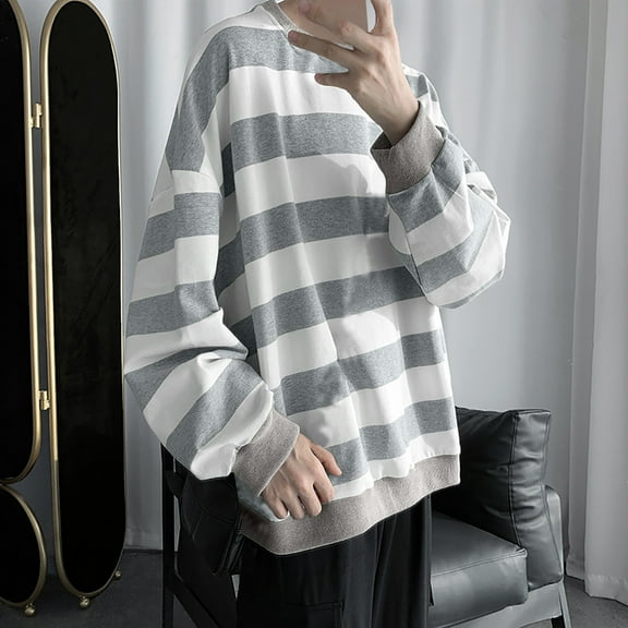 Mens Sweatshirts Long Sleeve Stripe Round-Neck Casual Sweatshirt Gray XL