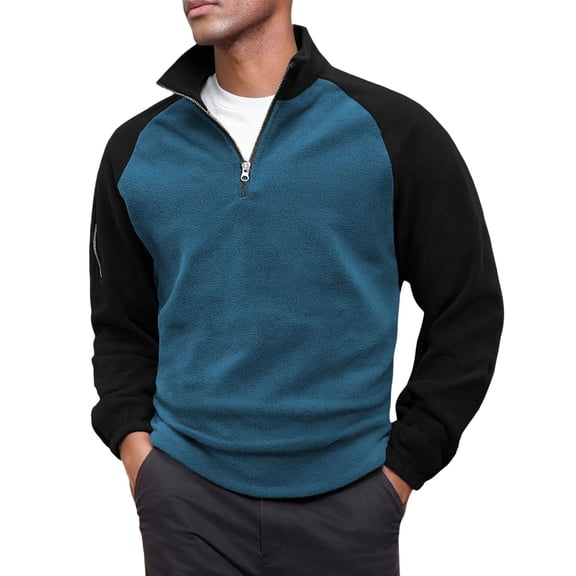 Mens Sweatshirts Color Block Quarter Zip Pullover Top Warm Stand Collar Long Sleeve Loose Winter Blue M