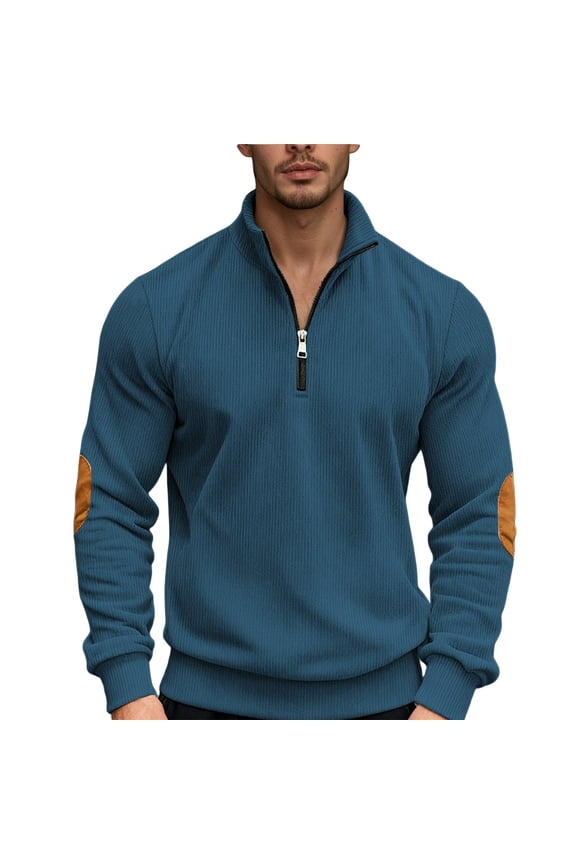 Mens Sweatshirts Corduroy Quarter Zip Pullover Top Elbow Contrast Panels Stand Collar Long Sleeve Loose Fit Dark Blue M