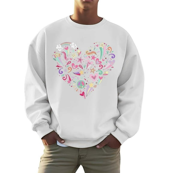 Mens Sweatshirts Crewneck Valentines Day Love Heart Graphic Print Hoodless Sweatshirt Loose Fit Long Sleeve Pullover Top Festival Clothing Casual Graphic Sweatshirts for Men