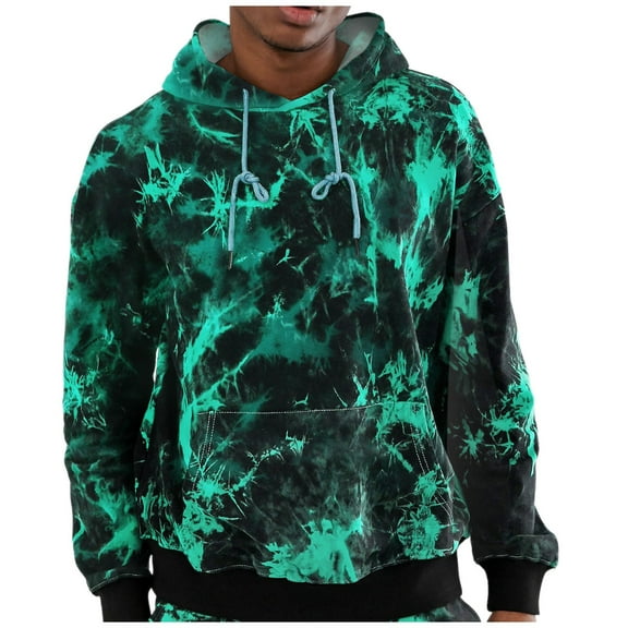 Mens Sweatshirts Hoodies Casual Color Block Tie-Dye Pullover Hooded Sweatshirt With Pocket