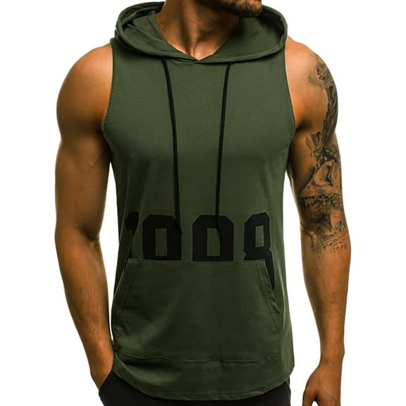 Mens Sweatshirts Hoodies Fitness Muscle Print Sleeveless Hooded Bodybuilding Pocket Tight-drying Tops