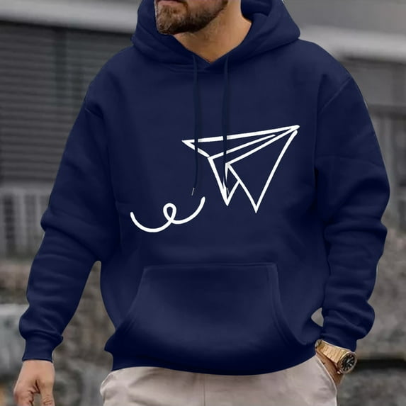 Mens Sweatshirts Hoodies Paper Plane Print Hoodies Long Sleeve Pocket Hooded Blouse (Dark Blue, XXL)