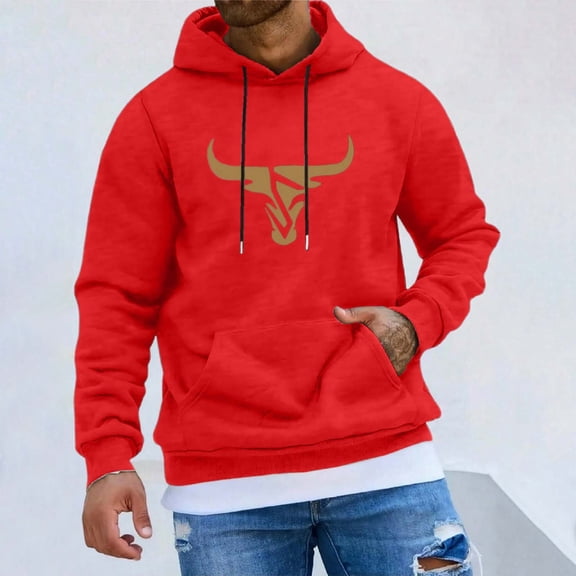 Mens Sweatshirts Long Sleeve Casual Casual Bull Head Graphic Drawstring Hoodie Comfortable Blend Pullover Sweatshirt Wear Casual Pullover Hoodies, XS-4XL