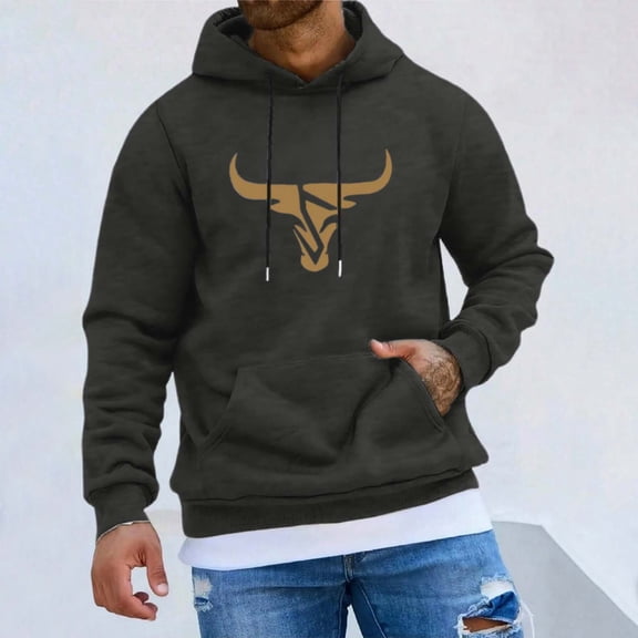 Mens Sweatshirts Long Sleeve Casual Casual Bull Head Graphic Drawstring Hoodie Comfortable Blend Pullover Sweatshirt Wear Casual Pullover Hoodies, XS-4XL