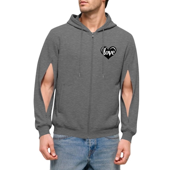 Mens Sweatshirts Long Sleeve Drawstring Causal Graphic Printed Hooded Zipper Sweatshirt Coat with Pockets (S, Gray)