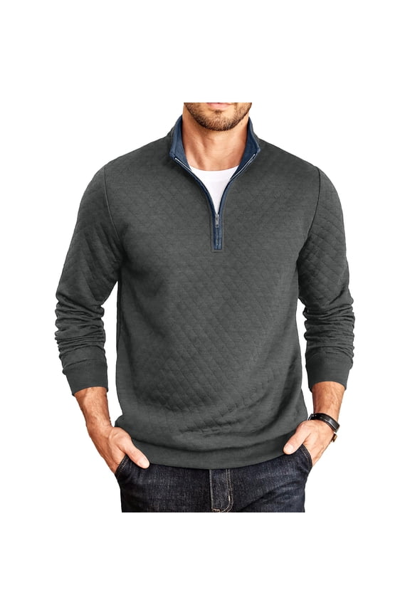 Mens Sweatshirts, Mens Quarter Zip Pullover Mock Neck Quilted Sweatshirt Casual Long Sleeve Sweater Gray S