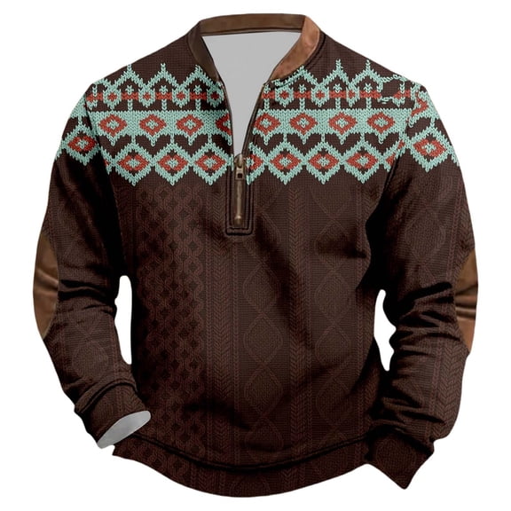 Mens Sweatshirts Nordic Pattern Quarter Zip Pullover Top Stand Collar Long Sleeve Loose Warm Winter Top Brown L