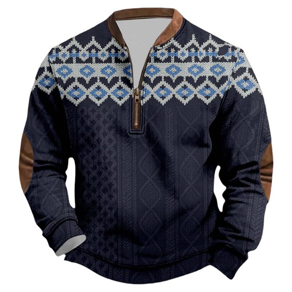 Mens Sweatshirts Nordic Pattern Quarter Zip Pullover Top Stand Collar Long Sleeve Loose Warm Winter Top Navy L