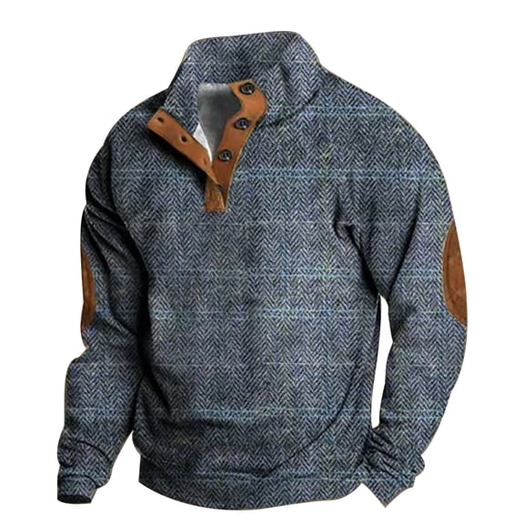 Mens Sweatshirts Outdoor Casual Lightweight Loose Stand Collar Long Sleeve Pullover Top Button Spring Fall Winter Blue S