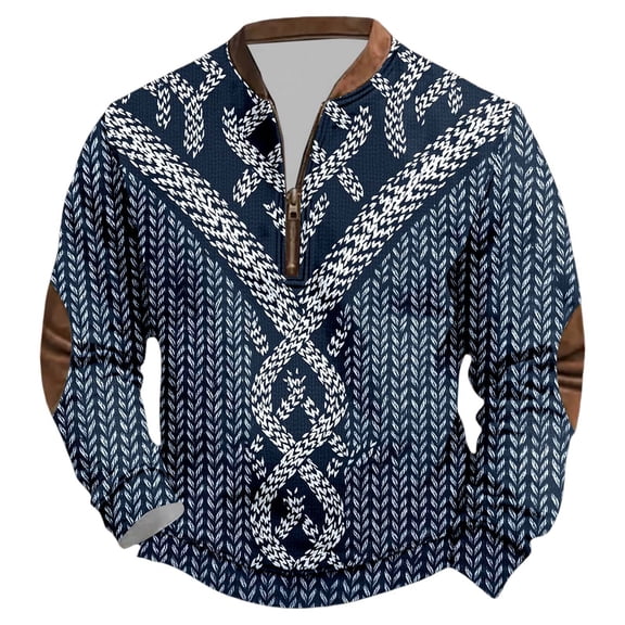 Mens Sweatshirts Printed Graphic Quarter Zip Pullover Top Stand Collar Long Sleeve Loose for Cold Weather Navy XXXL